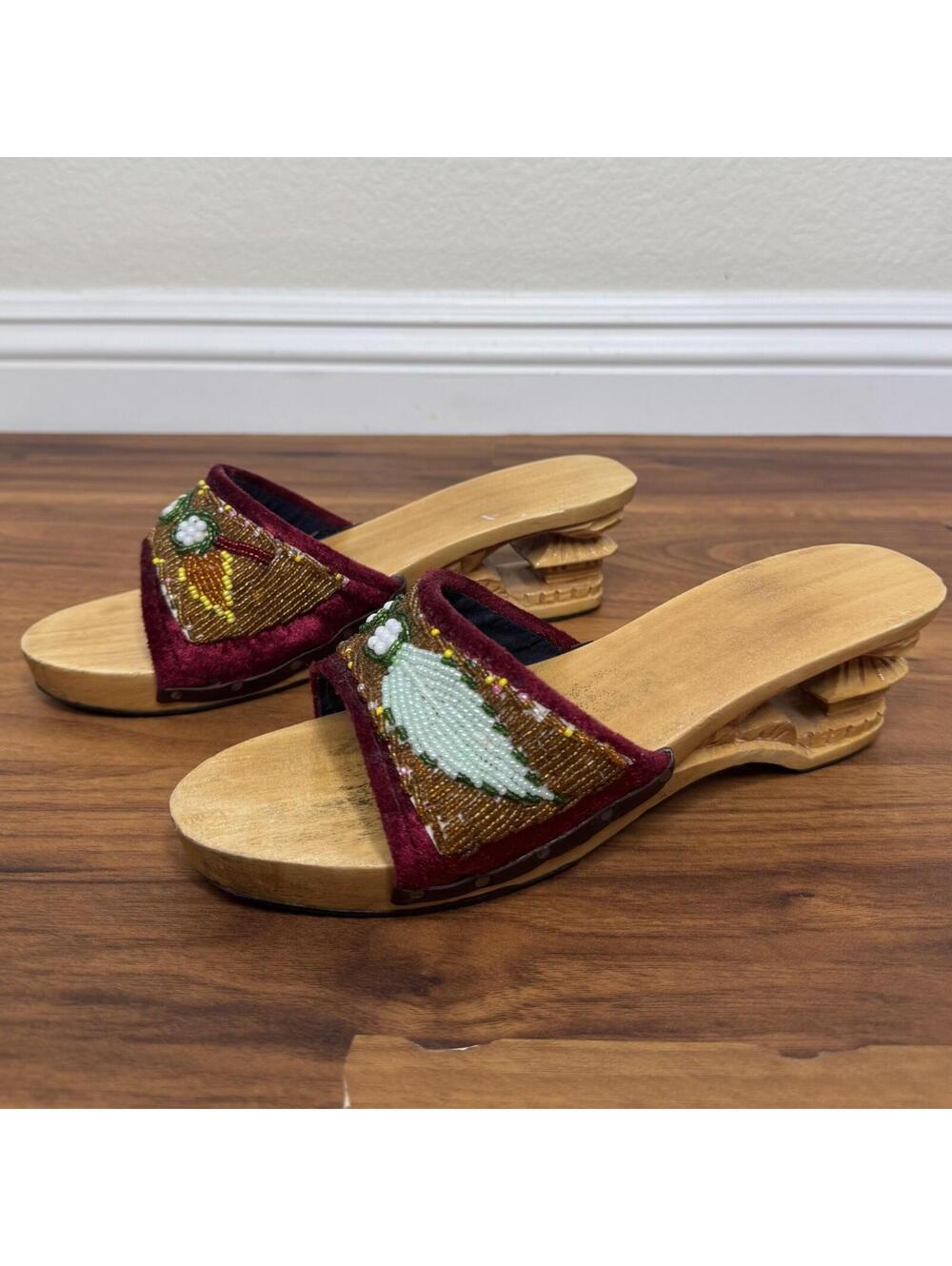 Vintage Boho Hand Carved Wood Beaded Velvet Sandals Philippine Bakya Mules